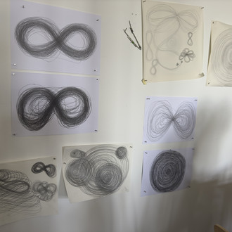 Bleistiftzeichnungen "liegende 8" an der Wand