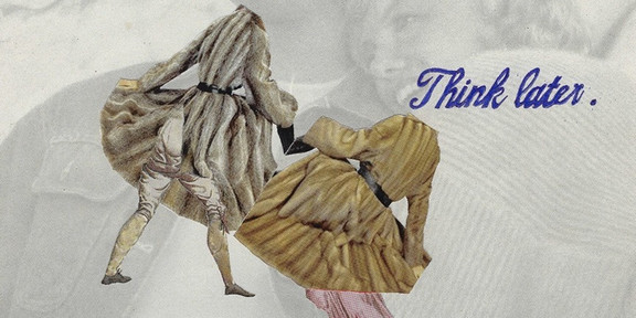 Collage mit zwei tanzenden Figuren und dem Schriftzug „Dance first. Think later.“ – Motiv zum Gastvortrag Performance am Lehrstuhl für Kunst am 20.01.2026.