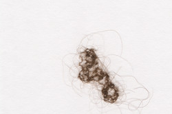 künstlerische Arbeit "Aus der Serie: du musst mich nicht verlassen, niemals, wenn du nicht willst, Haar gehäkelt, 20 x  20 cm, 2025"