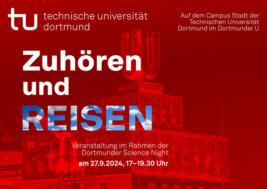 Rotes Banner-Bild mit dem Text "Zuhören und Reisen"