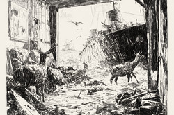 Kohlezeichnung eines Raums mit aufgebrochener Rückwand. Darin zwei Hirsche, Chaos. Draußen nähert sich ein Schiff.
