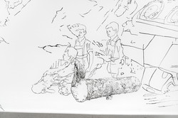 Abstrakte Linienzeichnung mit drei humanoider Figuren, einem Baumstamm und fragmentierten Formen in einer surrealen Szenerie