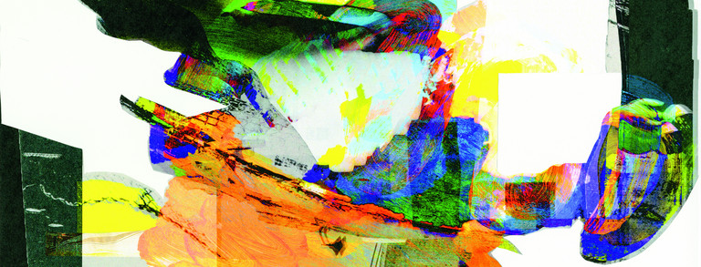 Abstrakte digitale Collage mit dynamischen Pinselstrichen und leuchtenden Farben. Überlagerungen in Orange, Gelb, Grün, Blau und Schwarz erzeugen eine lebendige Bewegung auf weißem Hintergrund. Formen und Texturen wirken vielschichtig und teils transparent, was den Eindruck von Tiefe und Energie verstärkt.