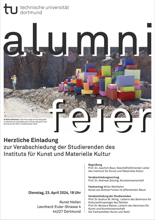 Flyer Alumnifeier 2024. Das Bild zeigt ein Kunstprojekt im Steinbruch Leifringhousen mit der Klasse O1 der Schule an der Höh in Lüdenscheid, 2018.