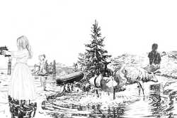 Detaillierte Bleistiftzeichnung mit surrealen Elementen: Ein Mädchen zielt mit einer Waffe, während Tiere, Bäume und Menschen in einer überfluteten Landschaft stehen.