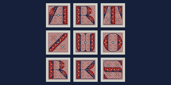 Neun grafische Musterentwürfe in Rot, Beige und Dunkelblau, angeordnet in einem dreimal dreifachen Raster zeigen den Titel ARTWORKS