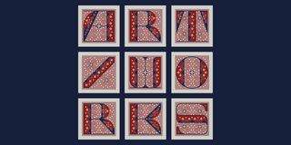 Neun grafische Musterentwürfe in Rot, Beige und Dunkelblau, angeordnet in einem dreimal dreifachen Raster zeigen den Titel ARTWORKS