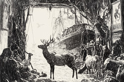Kohlezeichnung eines Zimmers, die hinteren Wände nach außen aufgebrochen, von Pflanzen bewuchert. Mitten im Raum ein Hirsch, im Hintergrund ein Schiff.