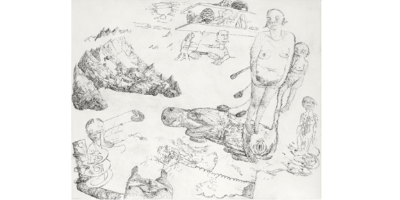 Schwarz-weiße Zeichnung mit surrealen Figuren, organischen Formen und fragmentierten Szenen in einer weitläufigen, traumartigen Bildlandschaft.