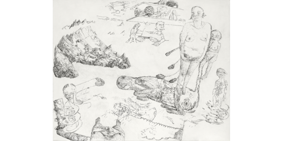 Schwarz-weiße Zeichnung mit surrealen Figuren, organischen Formen und fragmentierten Szenen in einer weitläufigen, traumartigen Bildlandschaft.