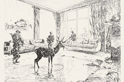 Kohlezeichnung eines Wohnzimmer in dessen Mitte ein See liegt. Darin ein Hirsch, um ihn drei Menschen, die aussehen wie Soldaten.