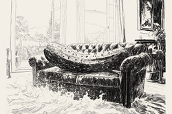 Kohlezeichnung eines alten englischen Sofas auf dem eine gigantische Essiggurke liegt. Der Raum wird von Wasser geflutet, im Hintergrund zwei bodentiefe Fenster und weitere Möbel.