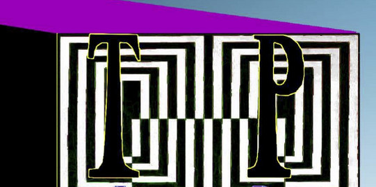 Katalogcover zur Ausstellung TPLI: quadratische Grafik mit schwarz-weißem, labyrinthartigem Muster und den Buchstaben T, P, L, I, darüber eine violette Farbfläche.