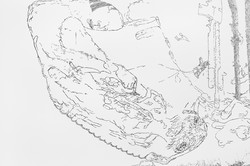 Abstrakte Linienzeichnung einer liegenden Person in entspannter Haltung, umgeben von skizzenhaften Formen und Texturen.