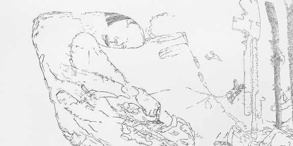 Abstrakte Linienzeichnung einer liegenden Person in entspannter Haltung, umgeben von skizzenhaften Formen und Texturen.