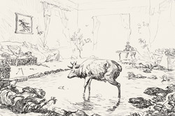 Kohlezeichnung eines Wohnzimmers in dessen Mitte ein See liegt. darin steht ein dreibeiniger Hirsch.