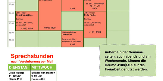 Übersichtsgrafik zur Raumbelegung „GRAPHIK SoSe 26“. Dargestellt ist ein Wochenplan mit farblich markierten Zeitblöcken für verschiedene Veranstaltungen und Räume. Zusätzlich enthalten: Sprechzeiten (Dienstag und Mittwoch mit Uhrzeiten und Raumangaben), Hinweis auf Hilfskraftsupport per E-Mail sowie Information, dass außerhalb der Seminarzeiten Räume auch abends und am Wochenende für die Freiarbeit genutzt werden können. Abschließend der Hinweis, aktuelle Änderungen den Aushängen an den Türen zu entnehmen.