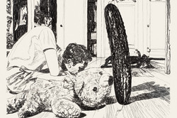 Kohlezeichnung eines Zimmers: Im Vordergrund liegt ein Teddy, daneben steht eine große Essiggurke. Hinter ihnen sitzt eine Person, der Kopf liegt vor ihr auf dem Boden. 