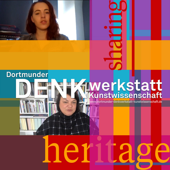 Titelbild der Staffel mit verschiedenfarbigen horizontalen und vertikalen Balken unterlegt mit Bild der ReferentInnen. Wörter: Dortmunder Denkwerkstatt Kunstwissenschaft, sharing und heritage