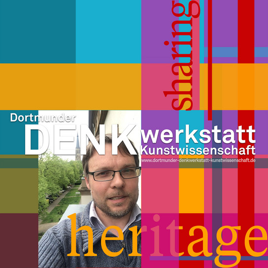 Farbiges Titel Bild mit Text "Sharing Heritage" und Foto des Vortragenden