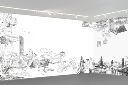 Ausstellungssimulation auf einer großen Wandfläche: Strichzeichnung einer surrealen Szene: Eine menschliche Figur mit zwei Pistolen taucht halb aus einer organisch wirkenden Landschaft auf. Die Umgebung wirkt traumartig und aufgelöst. Daneben rechts Detaillierte Bleistiftzeichnung mit surrealen Elementen: Ein Mädchen zielt mit einer Waffe, während Tiere, Bäume und Menschen in einer überfluteten Landschaft stehen.