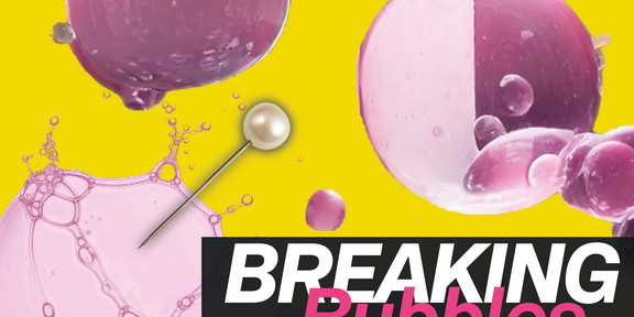 Visual zur Ausstellung Breaking Bubbles mit von Stecknadeln zerplatzten pinken Blasen vor gelbem Hintergrund