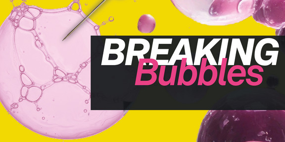 Visual zur Ausstellung Breaking Bubbles mit von Stecknadeln zerplatzten pinken Blasen vor gelbem Hintergrund