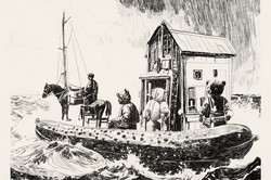 kohlezeichnung eines kleiner kleinen Hütte, davor eine Essiggurke im Wasser wie ein Schlauchboot, dazwischen drei Teddybären. Im Hintergrund Segelmasten und ein Mann mit Pferd.