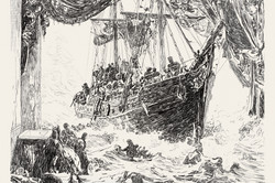 Kohlezeichnung eines altertümlichen Schiffs, das in einen angedeuteten Raum hineinzufahren scheint, der mit zerrissenen Vorhängen umrahmt ist. Auf dem Schiff und im Wasser die Umrisse von Personen.