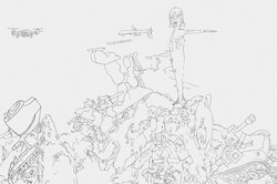 Abstrakte Linienzeichnung mit einer humanoiden Figur, Drohnen und fragmentierten mechanischen Formen in einer surrealen Szenerie.