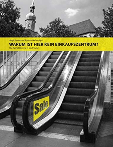 Buchcover in Schwarz/Weiß mit einer Rolltreppe im Zentrum und einer gelben Banderole, die besagt: Warum ist hier kein Einkaufszentrum?